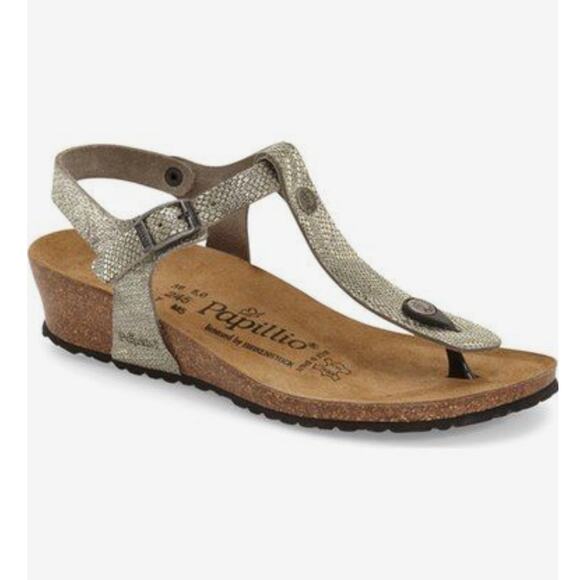 Papillio By Birkenstock Ashley T-Strap Wedge Shimmer Metallic Sandals Size 5 - Picture 1 of 7